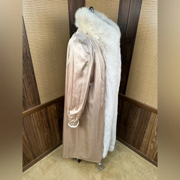 STUNNING VINTAGE FULL LENGTH IVORY CREAM MINK & FOX COLLAR FUR COAT JACKET XL - Picture 8 of 10